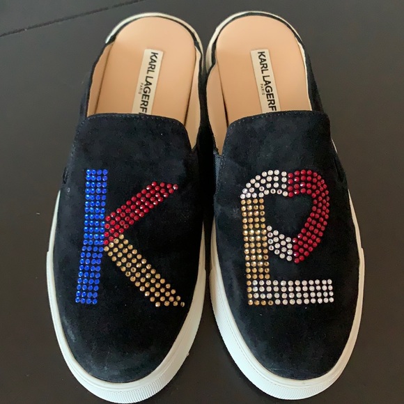 Karl Lagerfeld black suede embellished slip ons - Picture 1 of 11